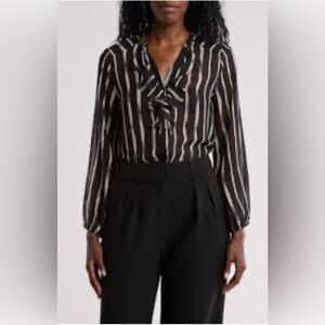 Pleione Size Medium Black Ruffle Long Sleeve Striped Top